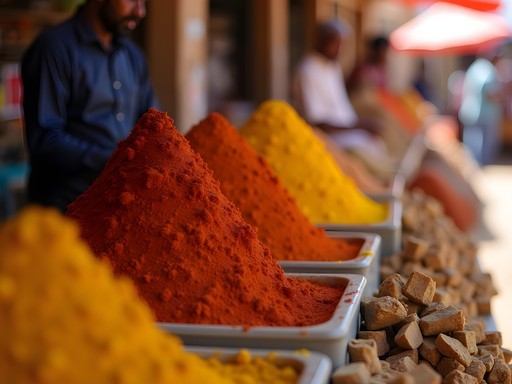 Colorful display of spices and incense at Ali Sabieh central market with vendor