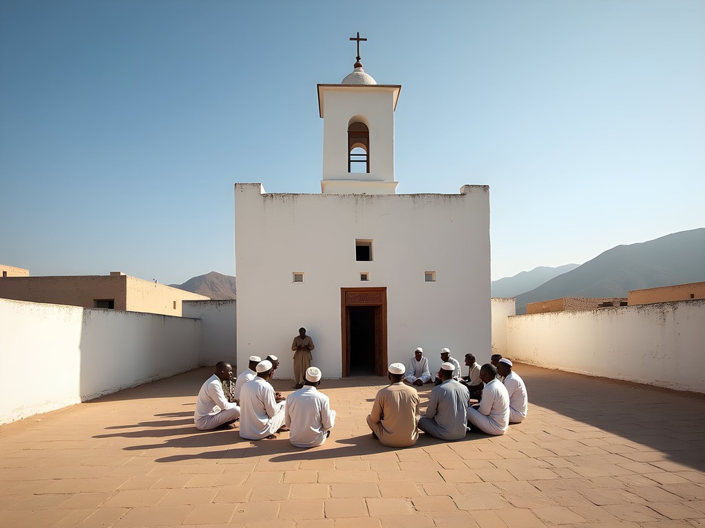 Local mosque in Ali Sabieh with community gathering in courtyard after prayers
