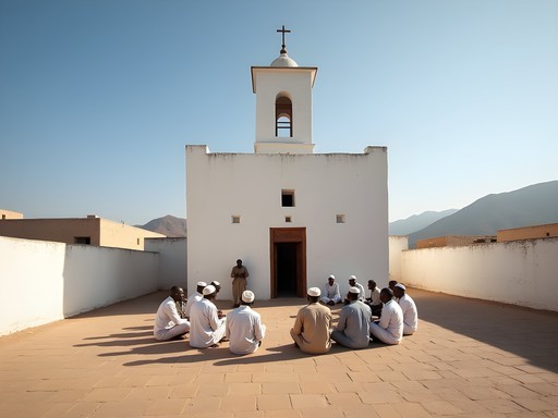 Local mosque in Ali Sabieh with community gathering in courtyard after prayers
