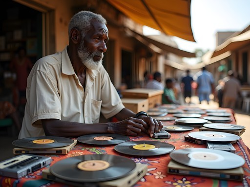 Vendor with collection of vintage records and cassettes at Ali Sabieh market