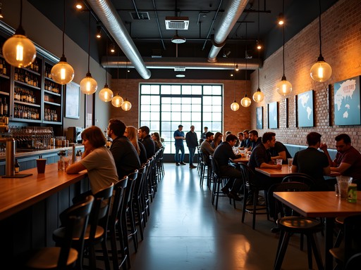 Interior of craft brewery taproom in Ames Iowa with industrial decor and beer taps