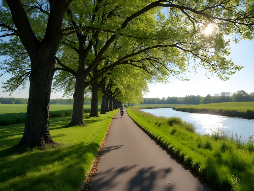 Cyclist riding on paved Skunk River bike trail through green spring foliage in Ames Iowa