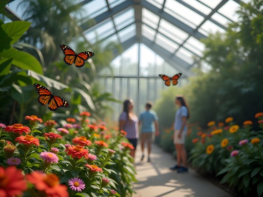 Colorful butterflies flying in greenhouse conservatory at Reiman Gardens Ames Iowa