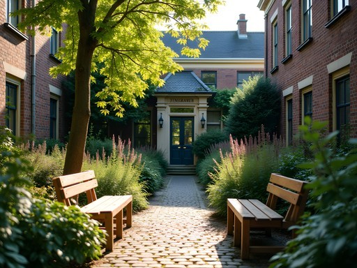 Secret courtyard garden hofje in Amsterdam with benches and medicinal plants