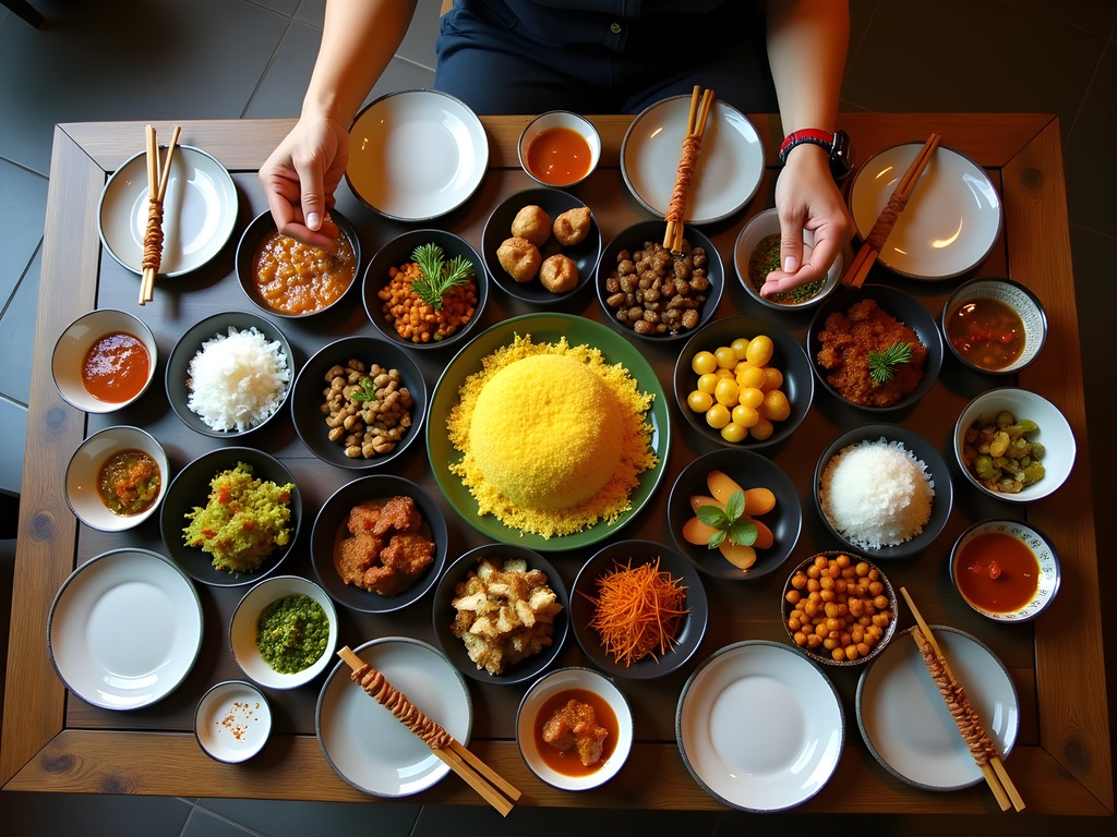Traditional Indonesian rijsttafel feast in Amsterdam restaurant with multiple small dishes