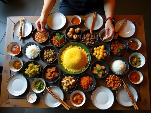 Traditional Indonesian rijsttafel feast in Amsterdam restaurant with multiple small dishes