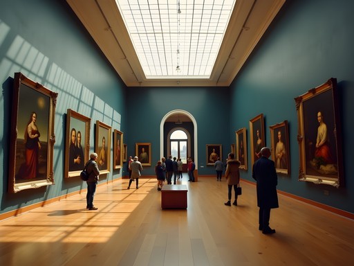 Quiet gallery in Amsterdam's Rijksmuseum with Dutch masterpieces and contemplative visitor