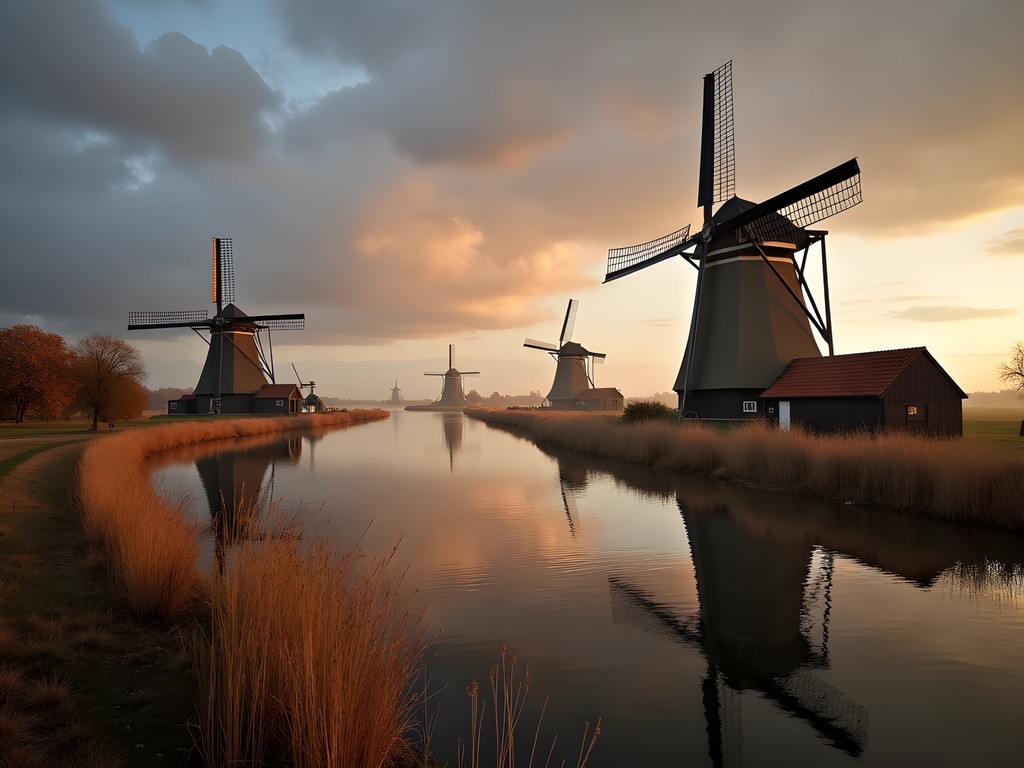 Traditional Dutch windmills used for water management near Amsterdam