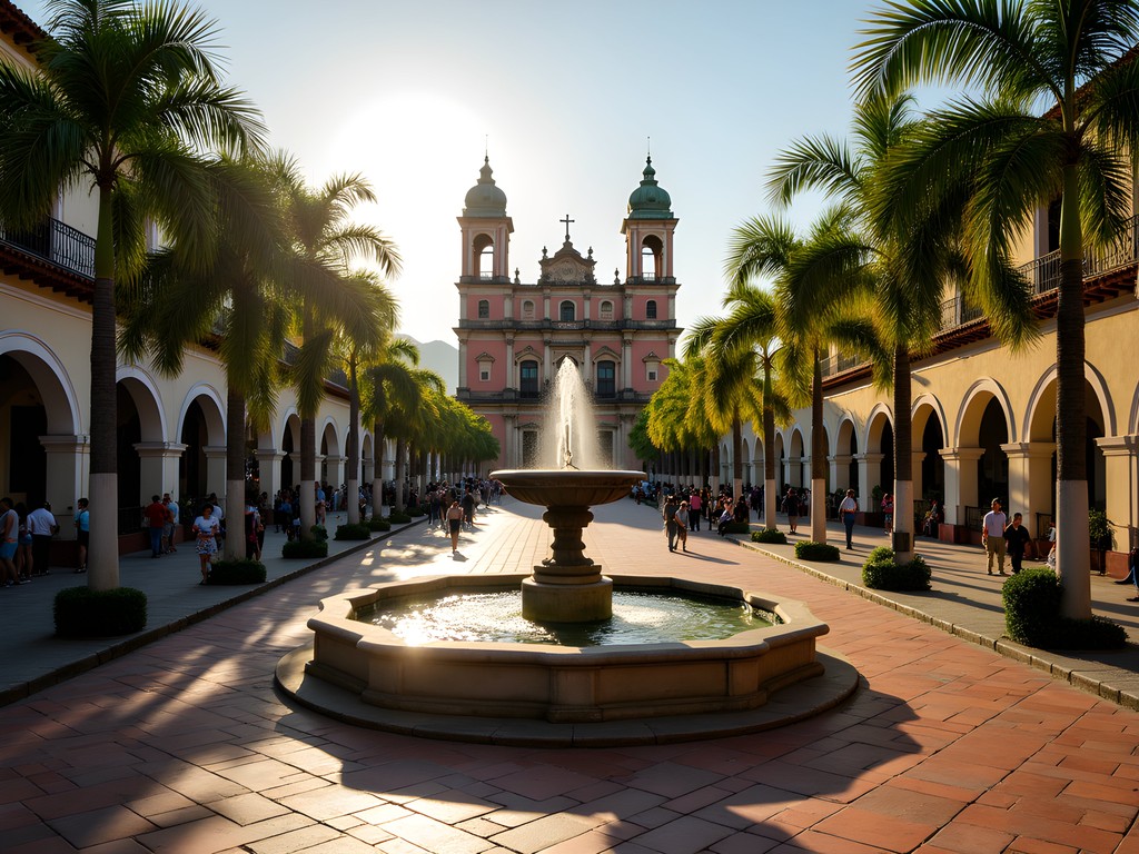 Parque Central in Antigua Guatemala with colonial buildings and fountain