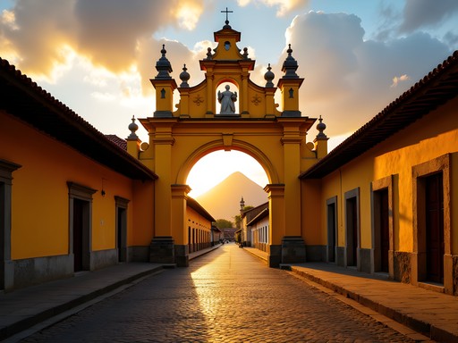 Santa Catalina Arch in Antigua Guatemala with Agua Volcano visible at sunset