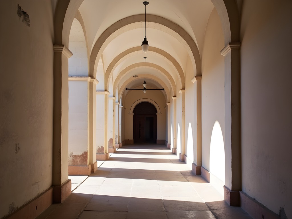 Sunlight illuminating white sillar stone arches in Santa Catalina Monastery, Arequipa