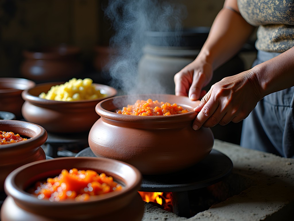 Traditional Arequipeña cooking using volcanic stone and clay pots in a local home kitchen