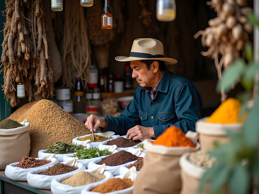 Traditional herbalist at Mercado San Camilo displaying medicinal plants and remedies