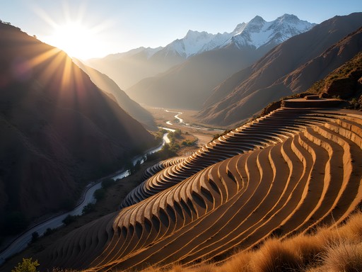Ancient agricultural terraces in Colca Canyon with early morning light showing irrigation systems