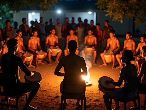 Evening community drum circle with Carib elders and participants in Arima