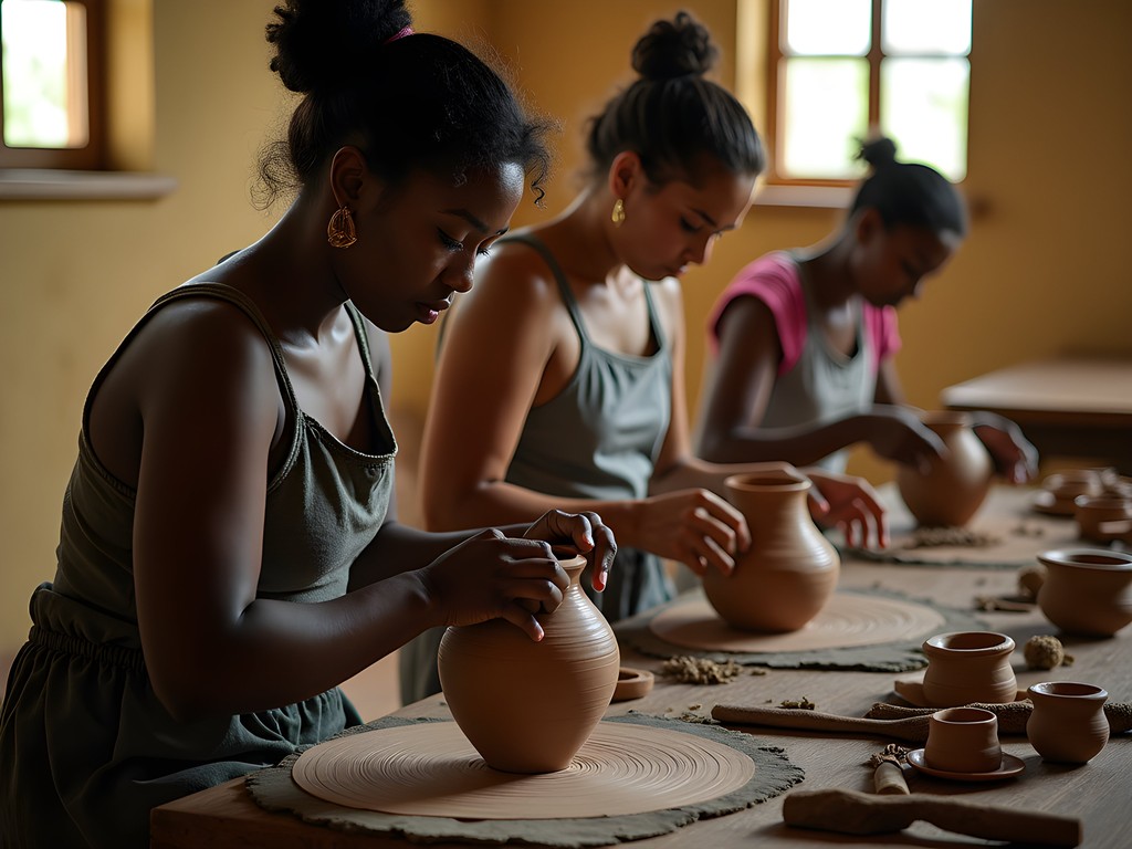 Traditional Carib pottery workshop in Arima with clay vessels and indigenous designs