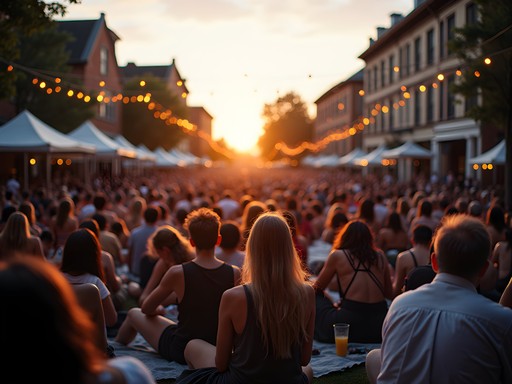 People enjoying an outdoor concert in Athens during sunset with historic buildings in background