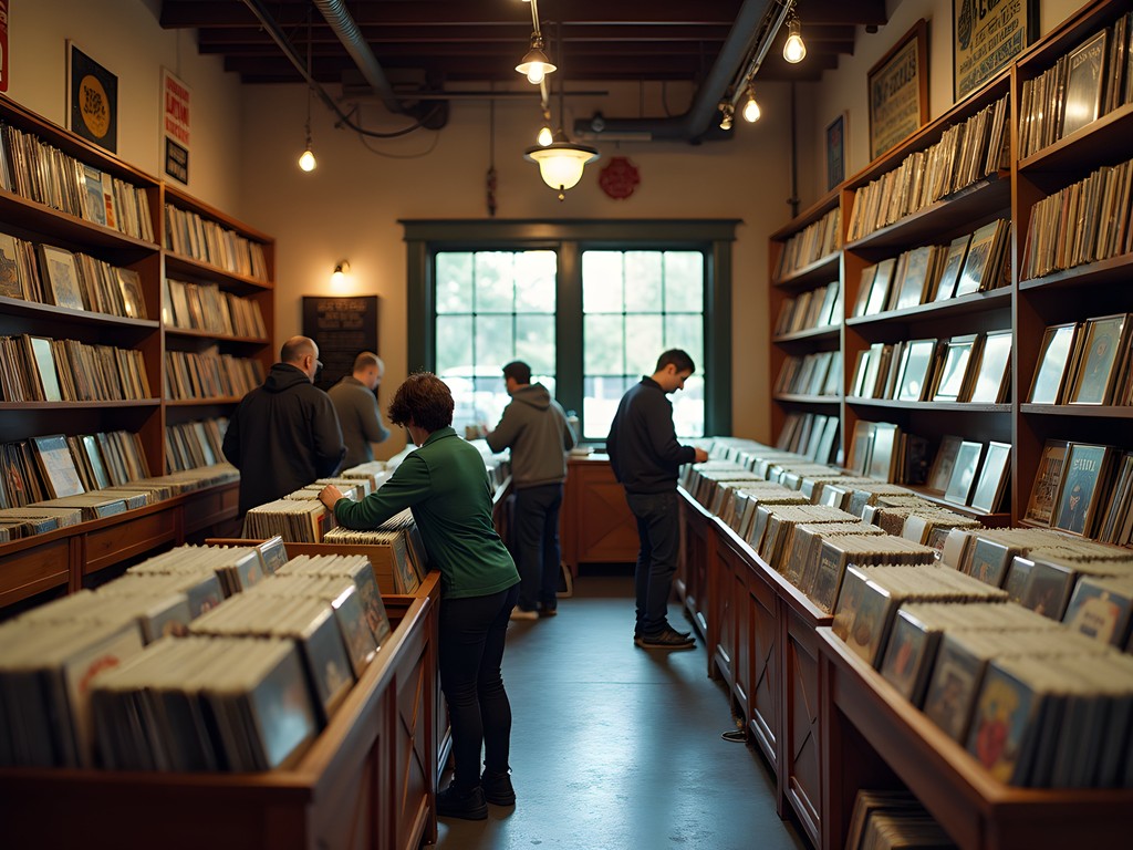 Person browsing through vinyl records in a cozy Athens record store with wooden shelving