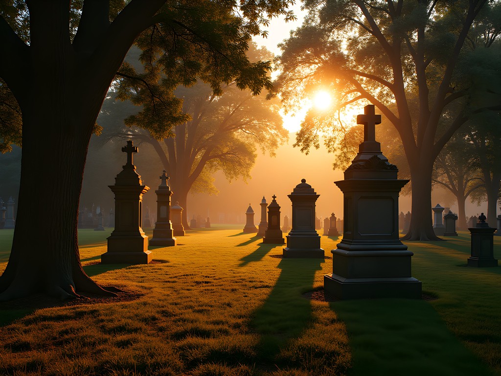 Sunset at historic South-View Cemetery in Atlanta with old gravestones