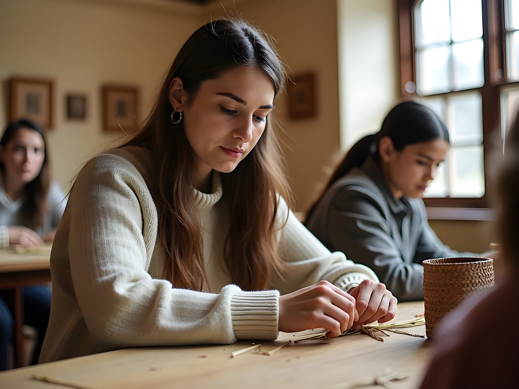 Woman participating in traditional craft workshop at Maine State Museum