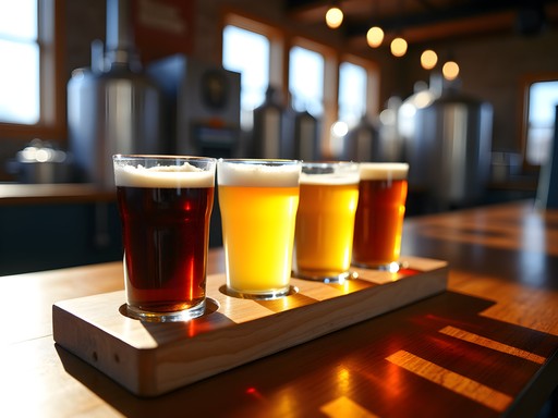 Craft beer flight sampling at local Augusta brewery with rustic backdrop