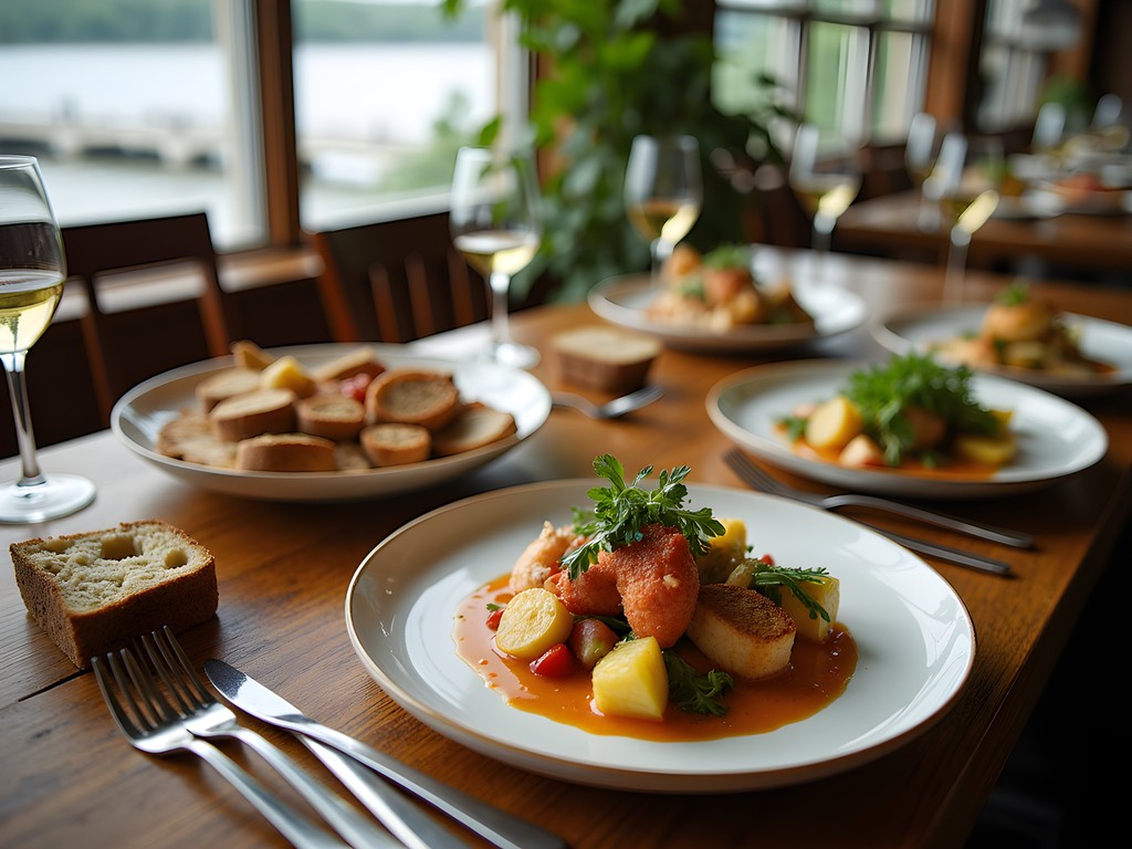 Farm-to-table dinner with local Maine ingredients at riverside restaurant in Augusta