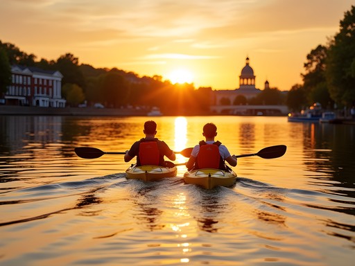 Couple kayaking on Kennebec River in Augusta during golden hour