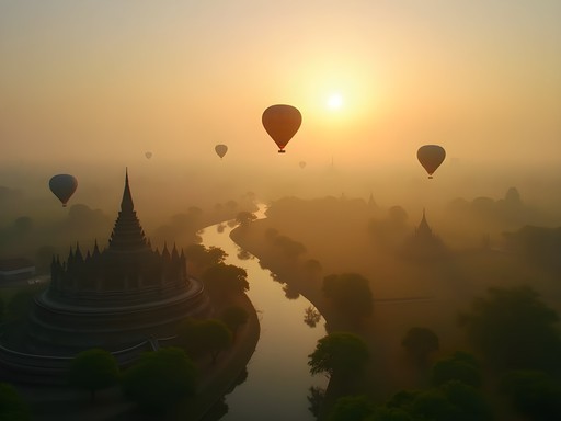 Hot air balloon floating over ancient Ayutthaya temple ruins at sunrise with misty river views