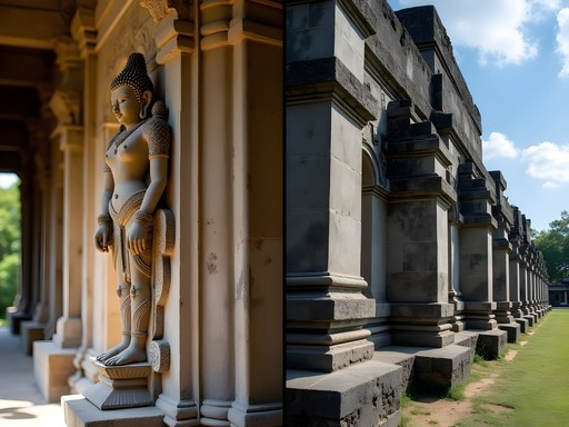 Split-screen comparison of architectural details from Ayutthaya Buddhist temples and Nan Madol megalithic structures