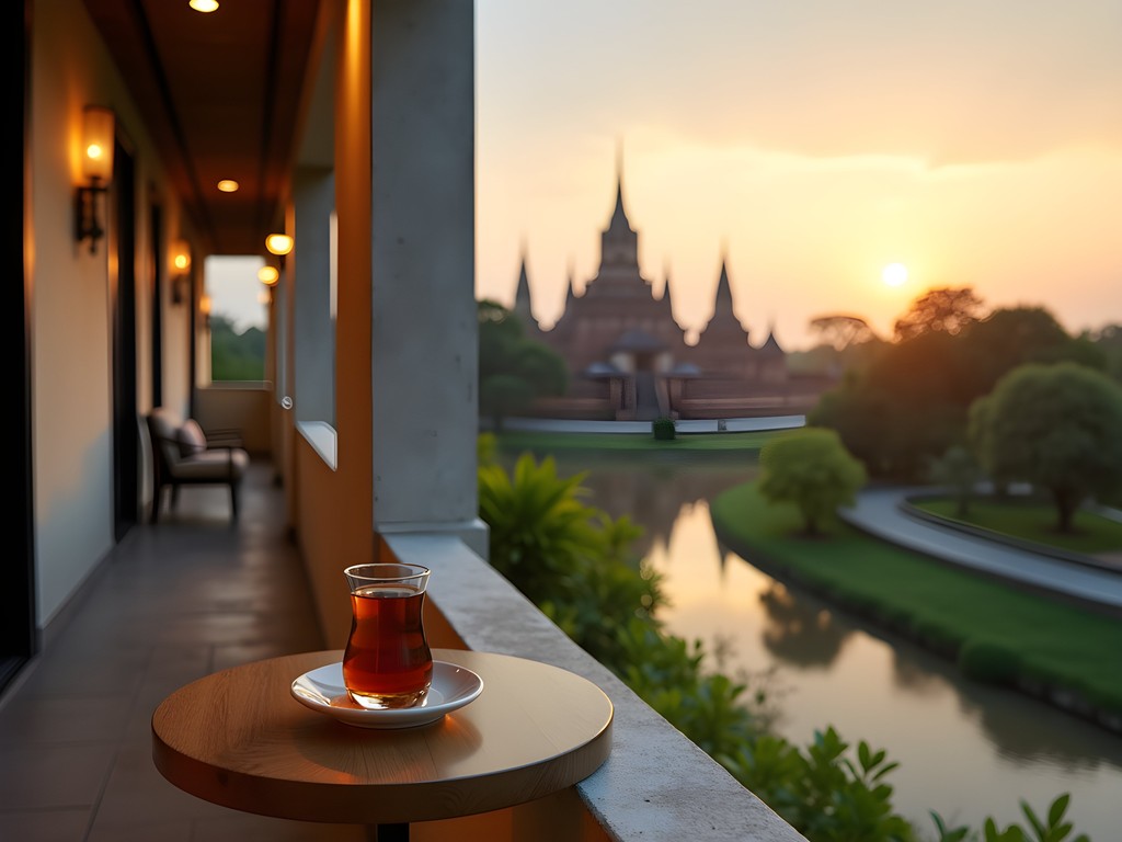 Business traveler writing in journal on luxury hotel balcony overlooking Ayutthaya temple ruins at sunset