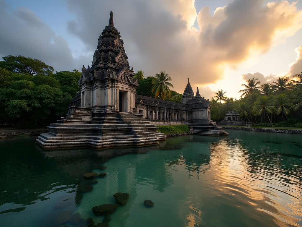 Ancient megalithic basalt walls of Nan Madol rising from mangrove waters in Weno, Micronesia
