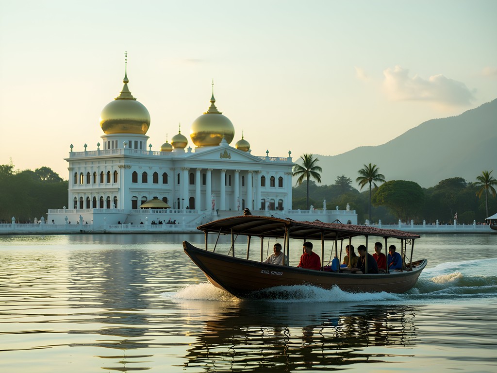 Water taxi on Brunei River with Istana Nurul Iman Palace view