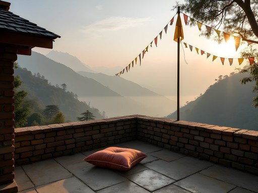 Morning meditation on rooftop overlooking Himalayan foothills in Bandipur