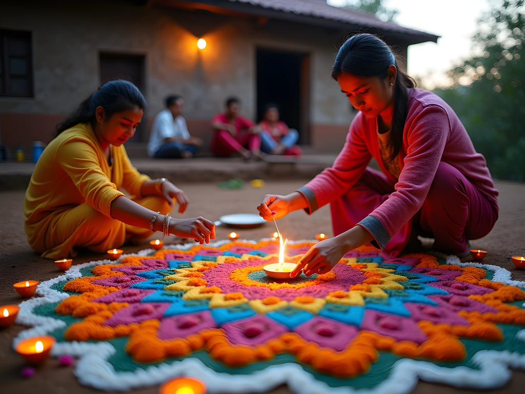Creating colorful geometric rangoli patterns during Tihar festival in Bandipur