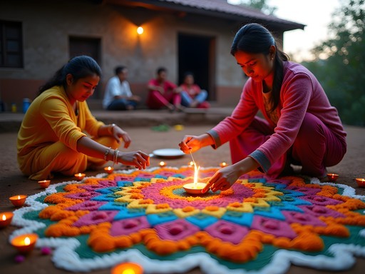 Creating colorful geometric rangoli patterns during Tihar festival in Bandipur