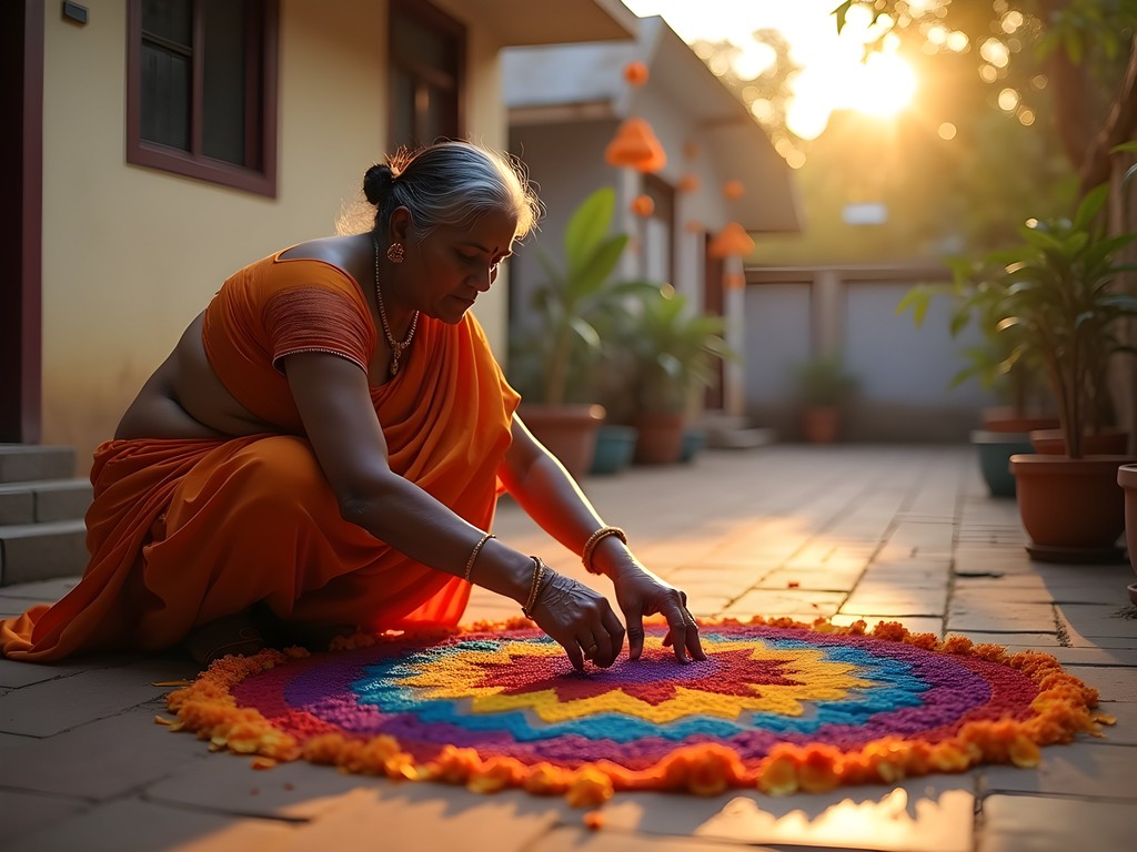 Woman creating colorful rangoli pattern outside Bangalore home during Sankranti festival