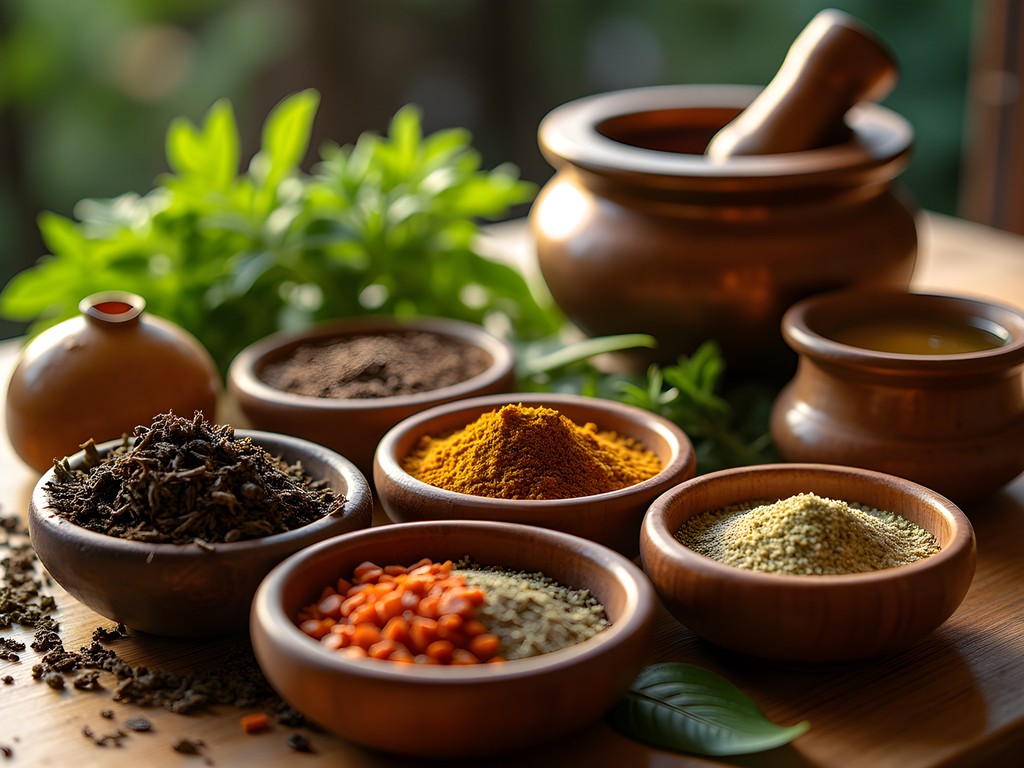 Traditional Ayurvedic herbs and oils prepared for wellness treatment