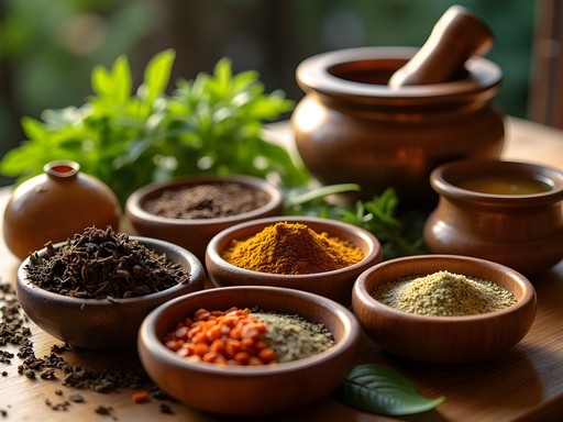 Traditional Ayurvedic herbs and oils prepared for wellness treatment