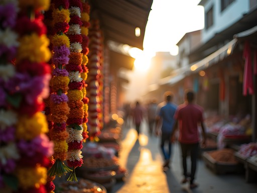 Vibrant flower garlands at Bangalore's K.R. Market at dawn