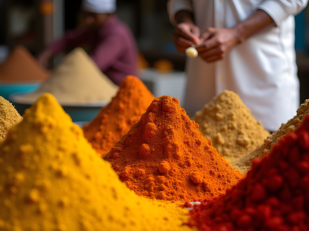 Colorful spice display at Devaraja Market with merchant creating custom blend