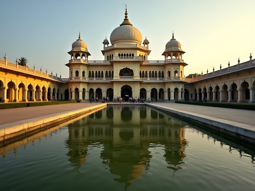 Mysore Palace bathed in early morning light with few tourists