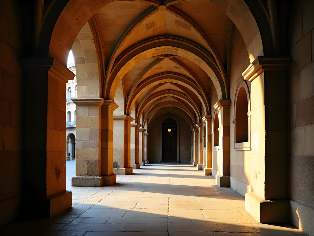 Medieval stone arches in Barcelona's Gothic Quarter with dramatic lighting