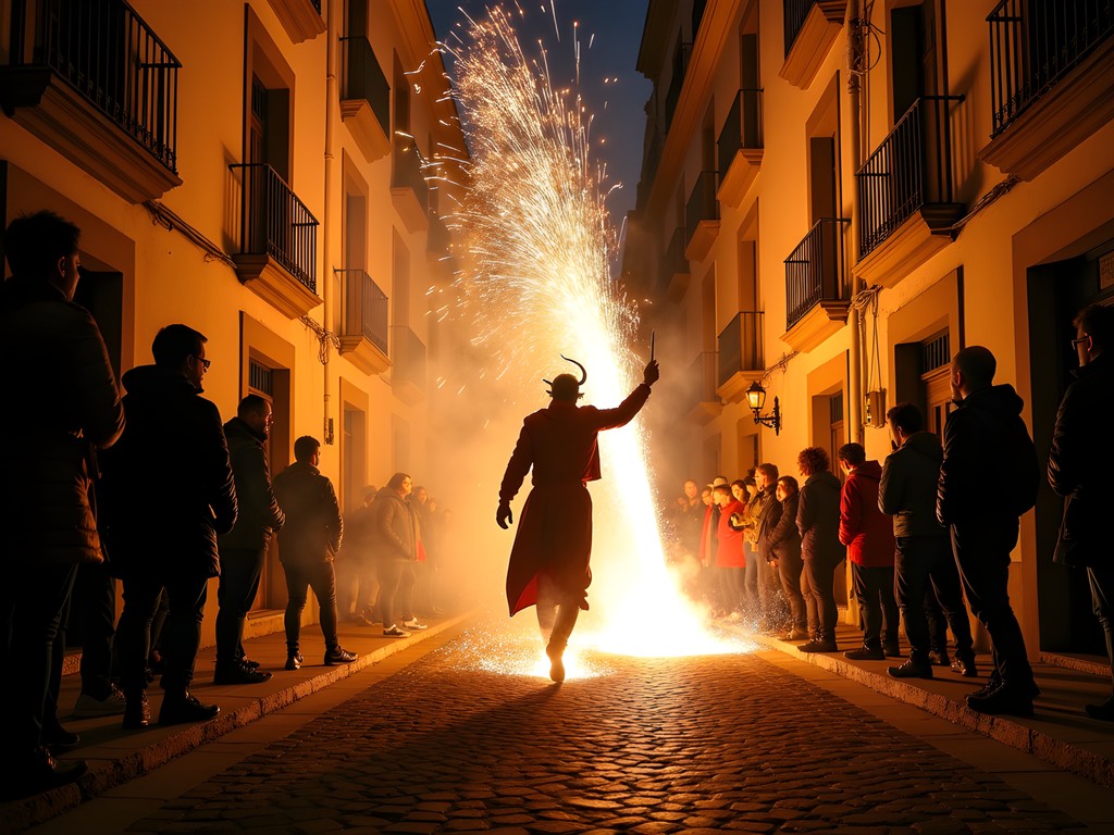 Dramatic nighttime fire run (correfoc) during La Mercè festival in Barcelona