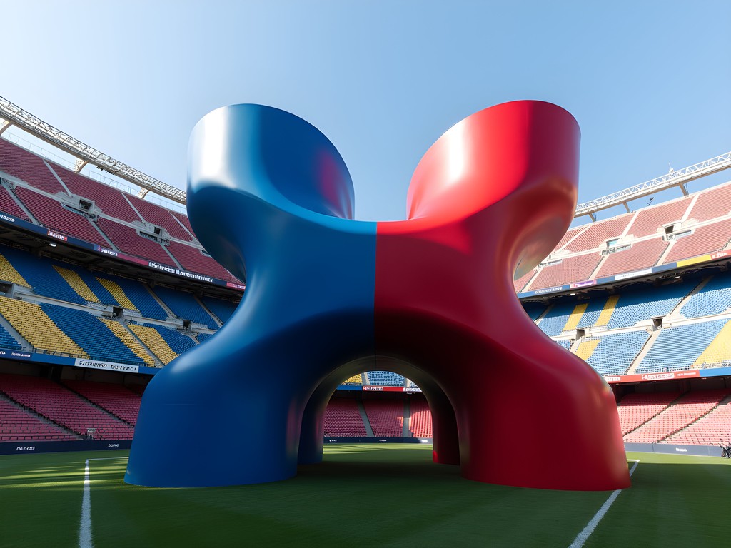 Modern art installation at Camp Nou stadium in Barcelona with FC Barcelona colors