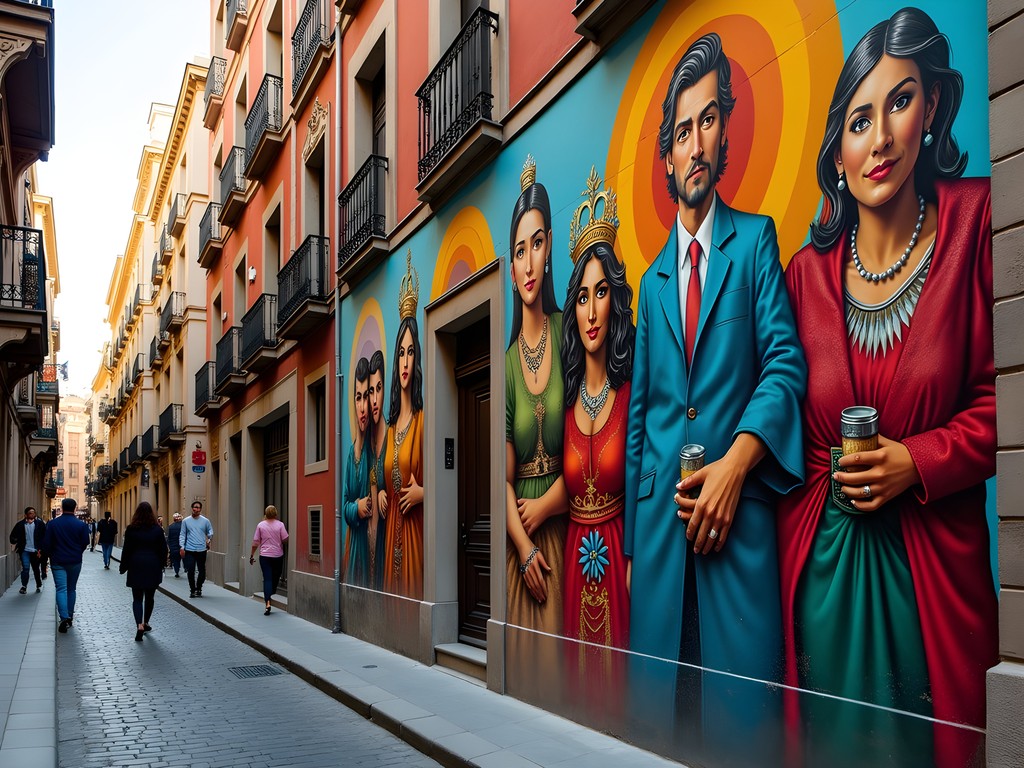 Colorful street art mural in El Raval neighborhood of Barcelona
