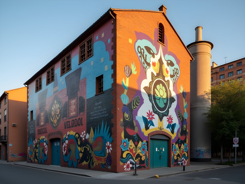 Massive colorful mural on old industrial building in Poblenou district of Barcelona