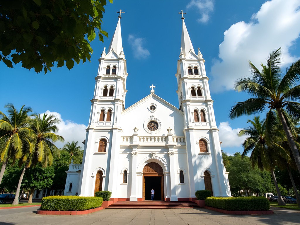 Neo-gothic façade of Bata Cathedral with tropical surroundings