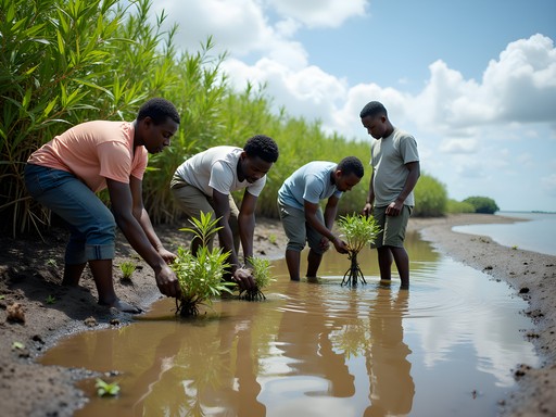 Community mangrove restoration project along Bata's coastline with local volunteers