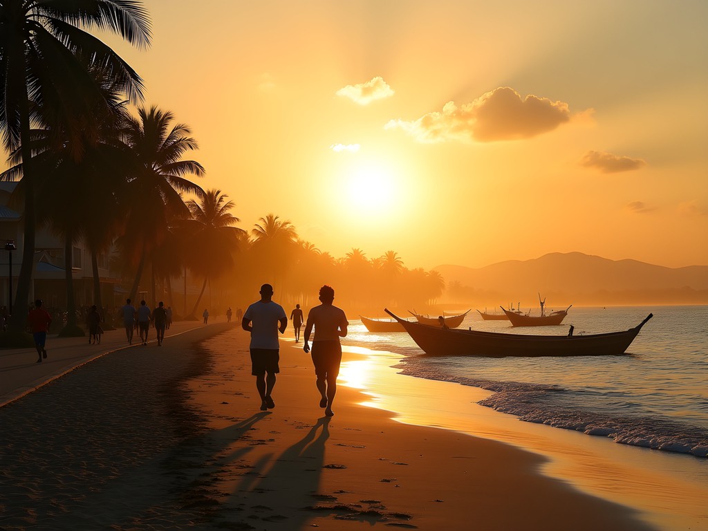 Sunrise view of Bata's seafront promenade with palm trees and fishermen