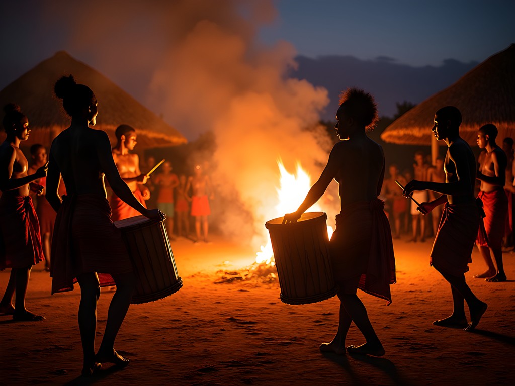 Traditional Fang ceremony with drummers and dancers in rural village near Bata